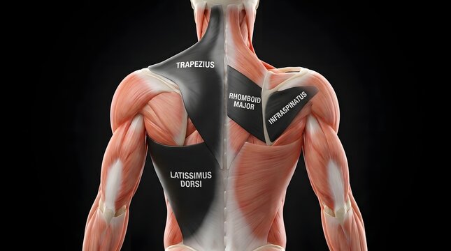 Anatomical illustration of human back muscles showing trapezius rhomboid major latissimus dorsi and infraspinatus