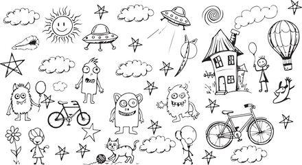 Set of cute hand drawn monster doodles with ufo spaceship bicycles and whimsical characters. © TREND AND VECTORS