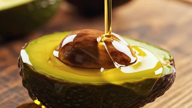 A close-up shot showcases a halved avocado being drizzled with golden olive oil, highlighting its creamy texture and healthy fats.