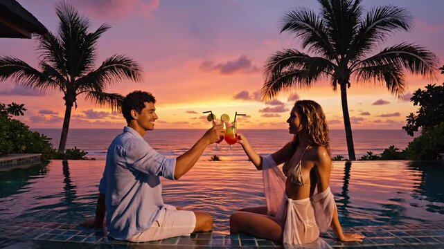 A couple enjoys cocktails while sitting by a pool, watching the sunset over the ocean, creating a romantic atmosphere
