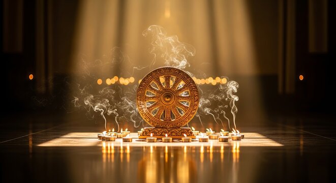 Ornate golden Dharma wheel symbol on a Buddhist temple floor during Asalha Puja festival with glowing candles and incense smoke
