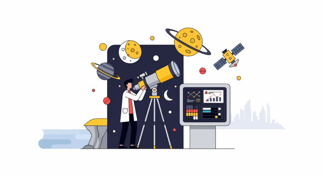 Scientist Observing Celestial Bodies Through a Telescope in Space.