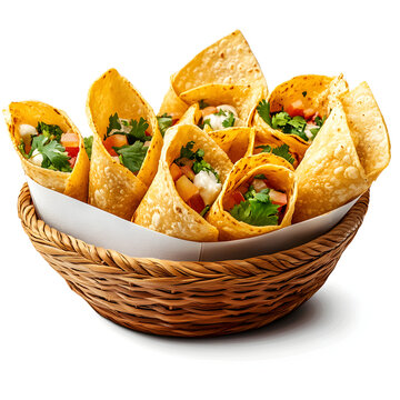 Basket of crispy rolled mexican taquitos with salsa isolated on a white background