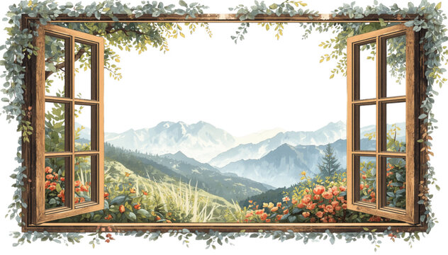 window with climbing plants and view of mountains and blooming flowers