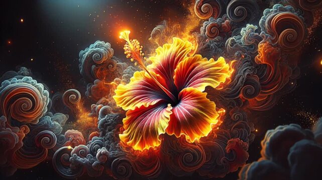Surreal Dramatic Digital Illustration Glowing Hibiscus Flower Petals Made Fire