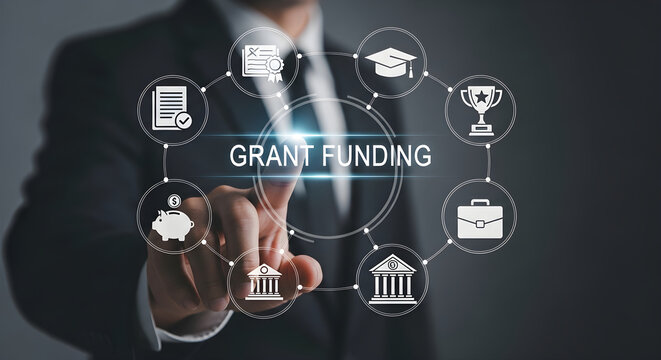 Businessman interacting with grant funding icons on a digital interface