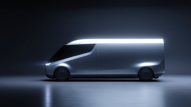Futuristic silver delivery van concept vehicle, autonomous logistics transportation technology, clean studio lighting