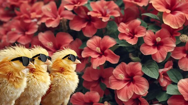 ひよことサングラスを左配置にしたハイビスカス背景の華やかな横動画素材