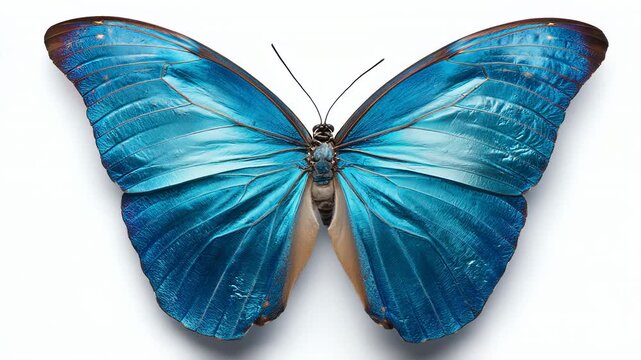 Blue butterfly wings isolated on white background, close up nature detail
