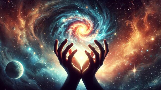Surreal Mystical Human Hands Silhouette Gently Cradling Glowing Galaxy Space