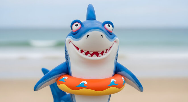A cute cartoon shark toy wearing an orange inflatable swim ring on the beach.