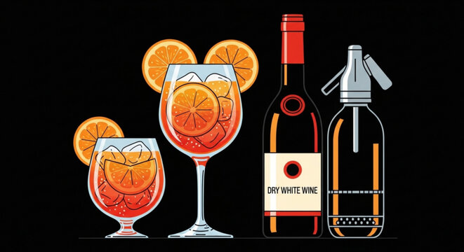 Refreshing orange cocktails with ice wine bottle and soda siphon flat vector illustration for summer drinks and bar menus