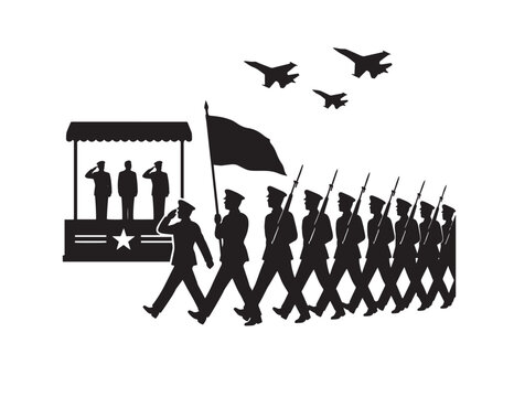 Military parade vector illustration, soldiers marching in formation, patriotic celebration event, armed forces tribute, memorial day graphic resource