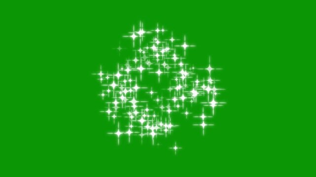 Glitter star glowing twinkle animation with white cartoon blinking stars, flat vector doodle sparkle style, smooth looping light trails on green screen
