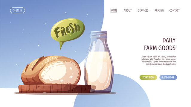 Web page design with fresh milk and bread. Cooking, farming, farm market concept. Vector illustration for website, banner. 