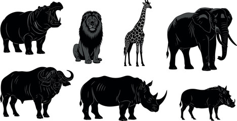 Black silhouette wild African animals collection featuring hippo lion giraffe elephant buffalo rhino and warthog on white background vector illustration © MdImran