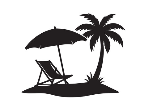 Tropical island vacation silhouette, black palm tree and beach chair with umbrella, serene summer holiday escape vector graphic, travel and relaxation concept.
