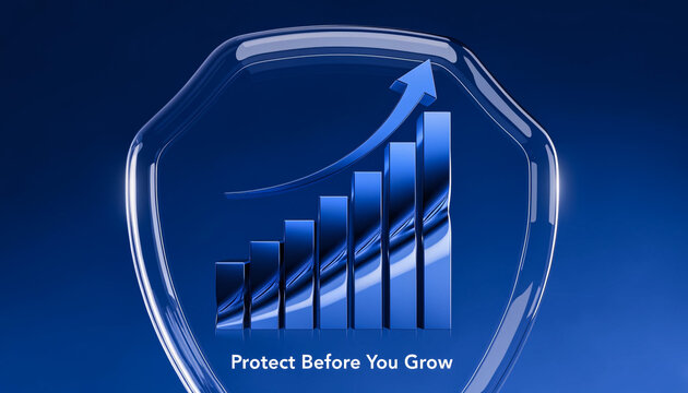 A transparent blue shield prominently displays a growing bar graph with an upward arrow, alongside the motivational text "Protect Before You Grow."
