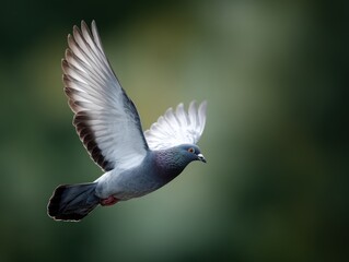 Rock dove pigeon flying with wings spread in midair, gray feathers with iridescent neck colors in natural daylight © KASUEMA SALAE