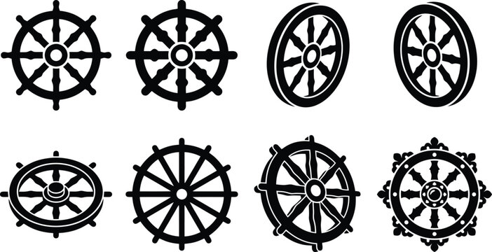 Assortment of Black Ship Steering Wheels in Diverse Designs and Perspectives Keywords: ship, wheel, steering, helm, nautical, marine, boat, sea, ocean, transport, navigation, control, icon
