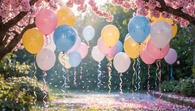 A whimsical garden scene features numerous colorful balloons and sparkling confetti beneath blooming cherry blossom trees.