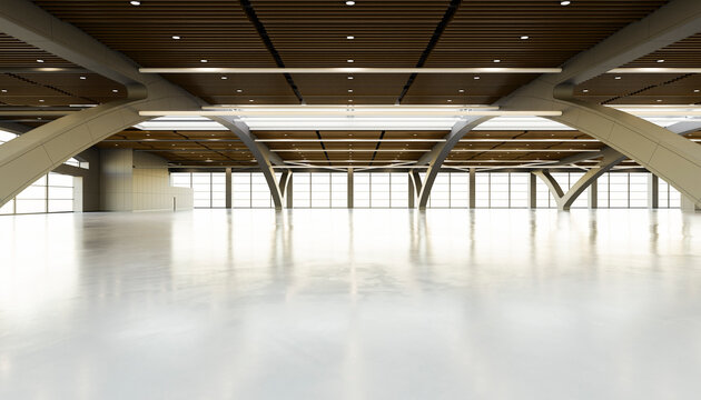 Modern exhibition hall render with empty bright interior space