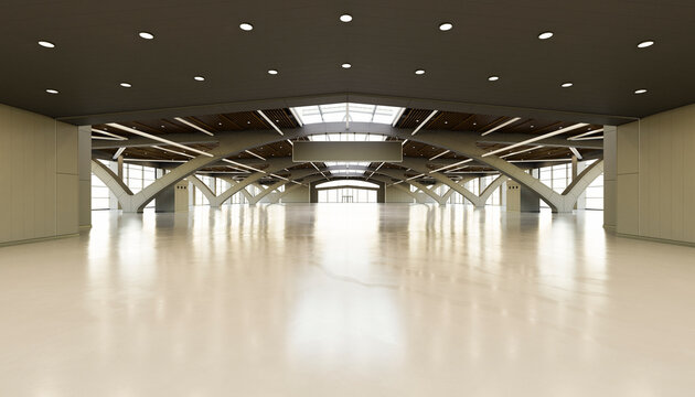 Modern empty exhibition hall interior render with skylight