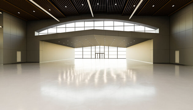 Spacious modern exhibition hall interior 3d render with light