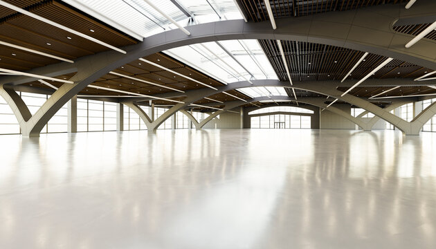 Modern empty exhibition hall render with skylights and beams