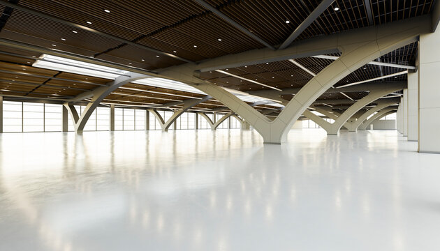 Modern exhibition hall render with wide open interior space