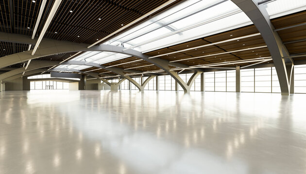 Modern empty exhibition hall interior 3D render with daylight