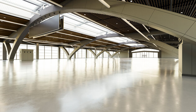 Modern exhibition hall interior render with skylight roof
