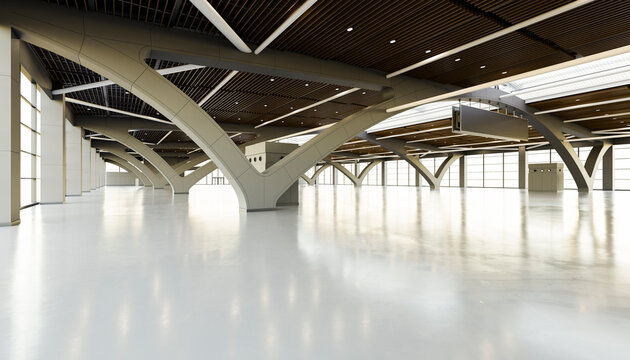 Modern empty exhibition hall interior 3D render with skylights