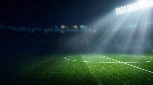 The soccer stadium with the ball on the line. Dramatic Empty Soccer Stadium Field at Night with Glowing Floodlights and Large Copy Space