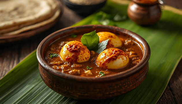 A rich and spicy egg curry served in a rustic bowl on a vibrant green banana leaf, with flatbread in the background.