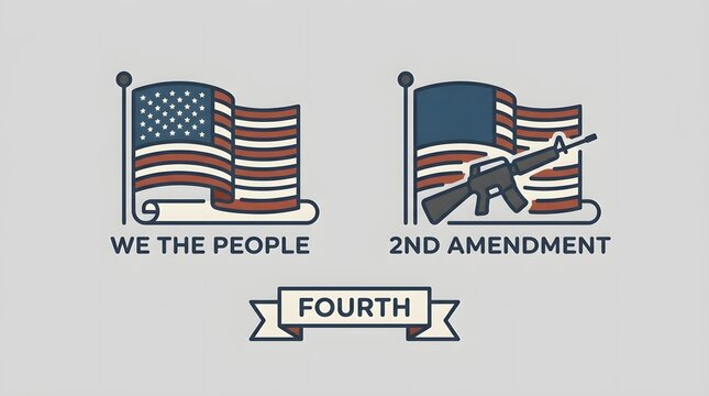 American flag waving with ""We the People"" and gun for 2nd Amendment ""Fourth"" on banner