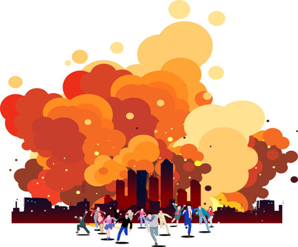ector illustration of people fleeing from a massive explosion in a city. Includes copy space.