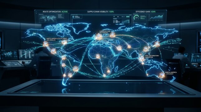 High-tech concept of smart global distribution and automated supply chain management.