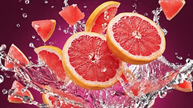 Freshly sliced citrus fruit pieces arranged in a dynamic composition against a vibrant, colorful background, ready to eat