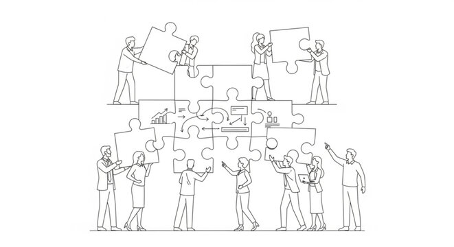 A minimalist line art illustration of a group of businesspeople working together to assemble a large jigsaw puzzle representing teamwork and collaboration