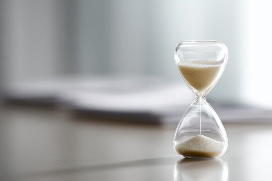 Sand timer on desk representing deadline countdown concept