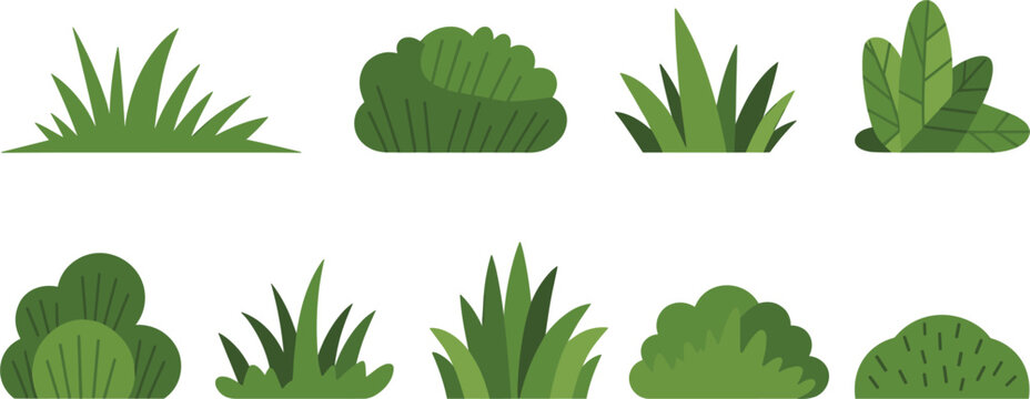 Green bushes and grass set, garden foliage collection with plants shrubs and natural landscape elements