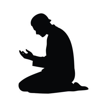 Person praying in a peaceful moment silhouette vector illustration, person performing salah silhouette vector illustration