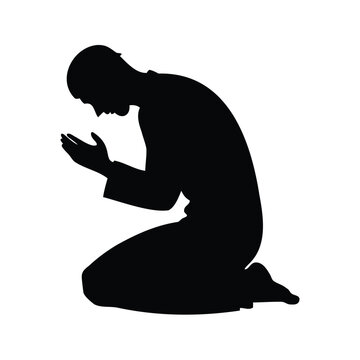 Person kneeling in prayer with hands clasped, silhouette vector illustration, person performing salah silhouette vector illustration