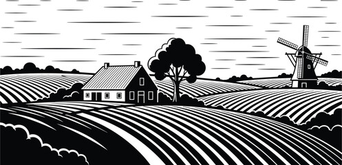 Black and white stylized countryside farmland illustration with cultivated rows, farmhouse, windmill, tree and rural horizon landscape © tajwar