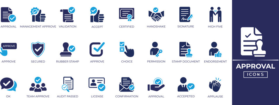 Professional approval solid icon set with certified checkmarks, agreement seals, document, signature, certified, decision, validation stamps, and compliant business decision symbols.