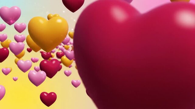 A collection of colorful, three-dimensional heart shapes floating against a soft, gradient background, representing love and affection