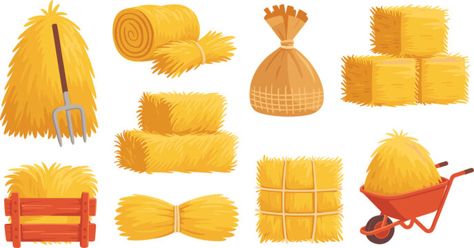 Hay and straw set, farm harvest collection with bales bundles and agricultural rural elements