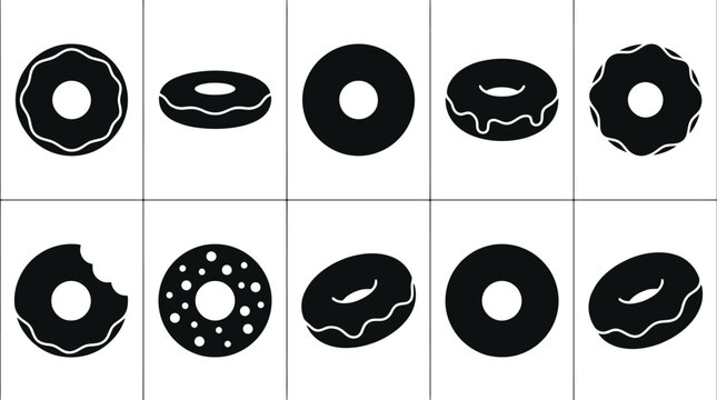 Assortment of Black Silhouette Icons of Donuts in Various Styles and Poses doughnut