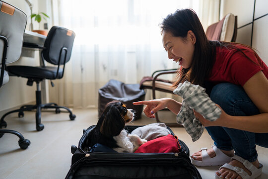 Asian woman packing suitcase and bonding with pet dog